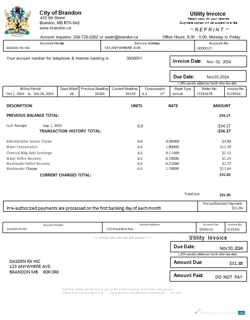 Download USA BRANDON MISSISSIPPI business utility bill Word and PDF template Photoshop template